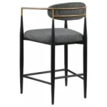 Set of 2 Tina Fabric Upholstered Dark Grey Counter Stools with Black Tapered Legs and Gold Arm Accents Left Back