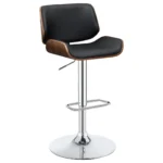 Folsom Upholstered Adjustable Bar Stool in Black Faux Leather with Walnut-Colored Wood Trim and a High-Shine Chrome Base.