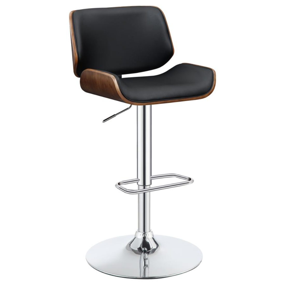 Folsom Upholstered Adjustable Bar Stool in Black Faux Leather with Walnut-Colored Wood Trim and a High-Shine Chrome Base.