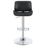 Folsom Upholstered Adjustable Bar Stool in Black Faux Leather with Walnut-Colored Wood Trim and a High-Shine Chrome Base Front.