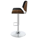 Folsom Upholstered Adjustable Bar Stool in Black Faux Leather with Walnut-Colored Wood Trim and a High-Shine Chrome Base Left.