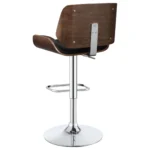 Folsom Upholstered Adjustable Bar Stool in Black Faux Leather with Walnut-Colored Wood Trim and a High-Shine Chrome Base Left Back.