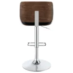 Folsom Upholstered Adjustable Bar Stool in Black Faux Leather with Walnut-Colored Wood Trim and a High-Shine Chrome Base Back.