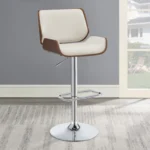 Folsom Upholstered Adjustable Bar Stool in Ecru with Walnut-Colored Wood Trim and a High-Shine Chrome Base in the room.
