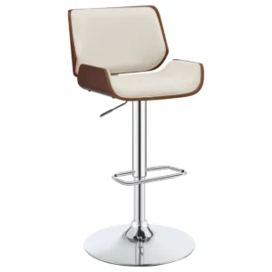 Folsom Upholstered Adjustable Bar Stool in Ecru with Walnut-Colored Wood Trim and a High-Shine Chrome Base.