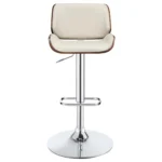 Folsom Upholstered Adjustable Bar Stool in Ecru with Walnut-Colored Wood Trim and a High-Shine Chrome Base Front.
