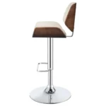 Folsom Upholstered Adjustable Bar Stool in Ecru with Walnut-Colored Wood Trim and a High-Shine Chrome Base Left