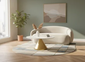 Modern white curved boucle sofa paired with a white marble and gold cone coffee table in a bright Tampa living room with herringbone floors.