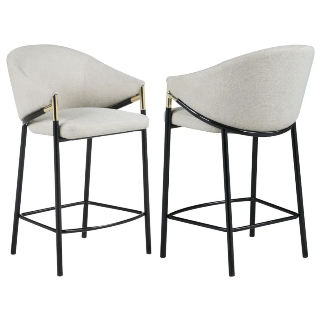 Set of 2 Chadwick Fabric Upholstered Counter Chairs in Beige with Glossy Black Legs and Gold Accents