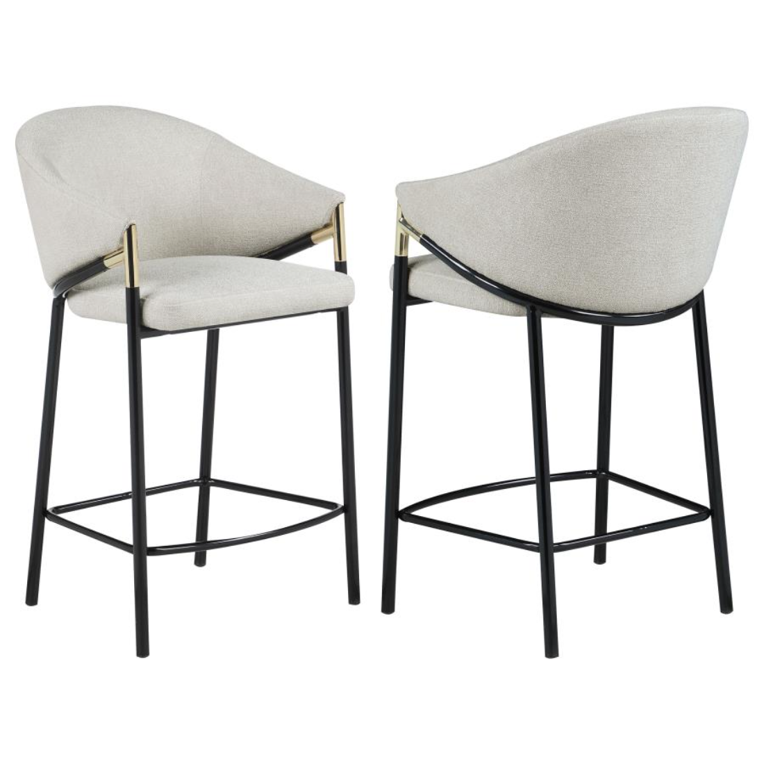 Set of 2 Chadwick Fabric Upholstered Counter Chairs in Beige with Glossy Black Legs and Gold Accents