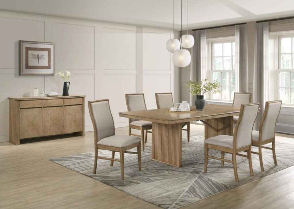 Adina 8-Piece Oak Veneer Dining Set with Extension Leaf and Sideboard – Distressed Light Brown Finish