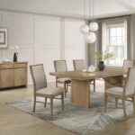 Adina 8-Piece Oak Veneer Dining Set with Extension Leaf and Sideboard – Distressed Light Brown Finish