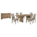 Adina 8-Piece Oak Veneer Dining Set with Extension Leaf and Sideboard – Distressed Light Brown Finish