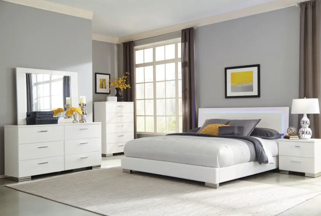 Felicity white and silver Eastern King bedroom set with LED headboard and high gloss finish