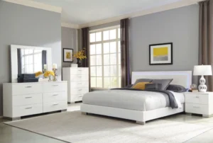 Felicity white high gloss 5-piece queen bedroom set with LED headboard and chrome accents
