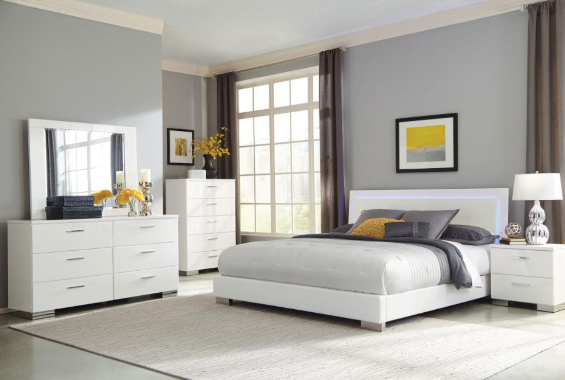 Felicity white high gloss 5-piece queen bedroom set with LED headboard and chrome accents