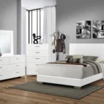 Felicity white queen bedroom set with high gloss finish and modern faux leather bed frame