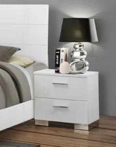 Felicity 2-drawer nightstand in white high gloss with chrome handles – modern bedroom furniture in Tampa