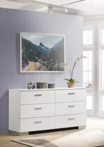 Felicity 6-drawer dresser in white high gloss with chrome handles – modern bedroom furniture in Tampa