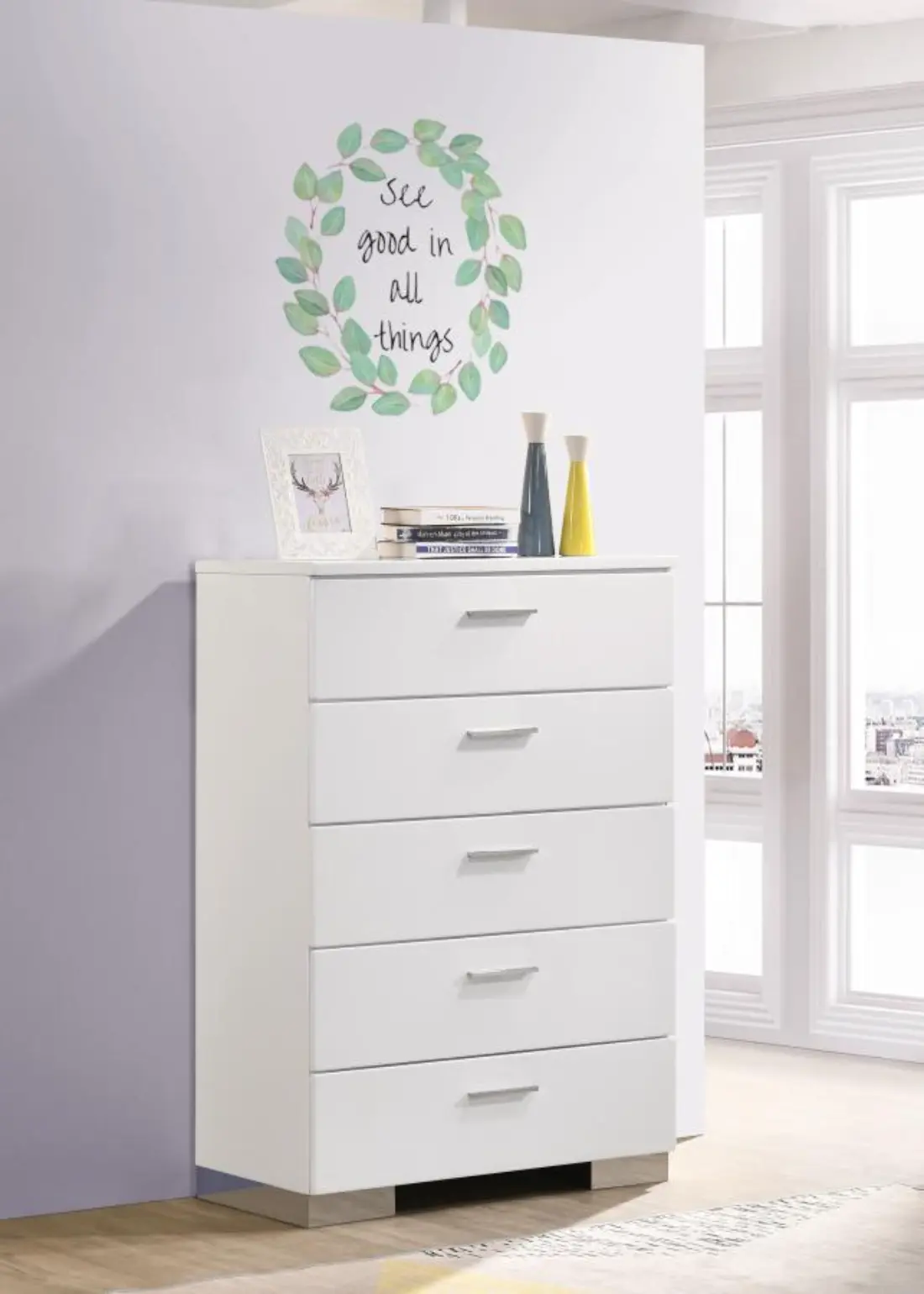 Modern white 5-drawer chest with chrome accents from Felicity bedroom collection