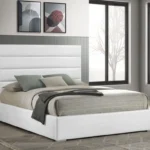 White high gloss king panel bed with glossy headboard and smooth textured frame – modern bedroom furniture in Tampa