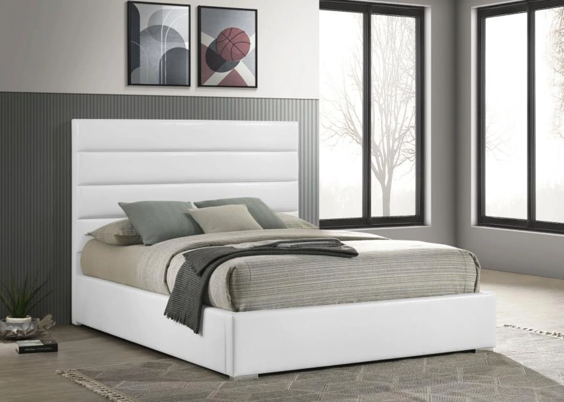 White high gloss king panel bed with glossy headboard and smooth textured frame – modern bedroom furniture in Tampa
