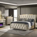 Lorient 5-piece luxury bedroom set with LED wingback bed and fireplace dresser in ivory velvet.