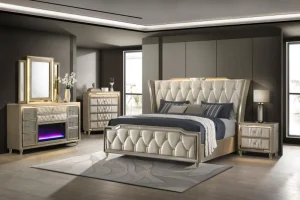 Lorient 5-piece luxury bedroom set with LED wingback bed and fireplace dresser in ivory velvet.