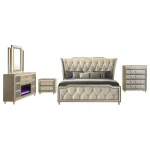 Complete Lorient ivory velvet bedroom set including bed, nightstand, chest, and fireplace dresser.