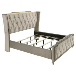 Eastern King wingback bed frame in ivory velvet with tufted headboard and LED lighting.