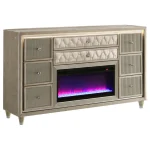 Luxury fireplace dresser with built-in flame visualizer and LED lighting in ivory velvet.