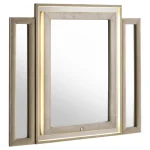 Large dresser mirror with light-framed LED border and ivory velvet trim.