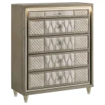 Lorient tall chest of drawers in ivory and camel velvet with crystal knobs.