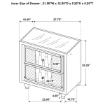 Dimensions and inner drawer size of the Lorient ivory velvet nightstand.