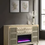 Lorient luxury dresser with fireplace featuring LED flame visualizer and ivory velvet in Tampa, FL.