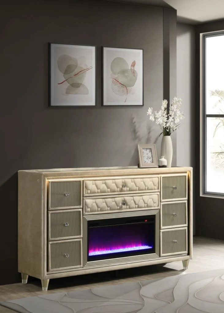 Lorient luxury dresser with fireplace featuring LED flame visualizer and ivory velvet in Tampa, FL.