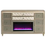 Lorient luxury dresser with fireplace featuring LED flame visualizer and ivory velvet in Tampa, FL.
