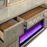 Lorient luxury dresser with fireplace featuring LED flame visualizer and ivory velvet in Tampa, FL.