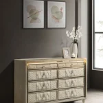 Lorient luxury dresser in ivory velvet featuring 8 drawers, integrated LED lighting, and crystal knobs.