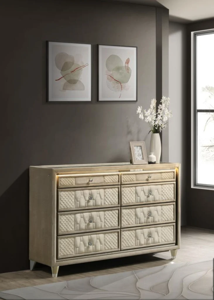 Lorient luxury dresser in ivory velvet featuring 8 drawers, integrated LED lighting, and crystal knobs.