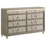 Lorient luxury dresser in ivory velvet featuring 8 drawers, integrated LED lighting, and crystal knobs.