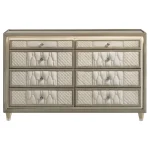 Lorient luxury dresser in ivory velvet featuring 8 drawers, integrated LED lighting, and crystal knobs.