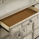 Lorient luxury dresser in ivory velvet featuring 8 drawers, integrated LED lighting, and crystal knobs.