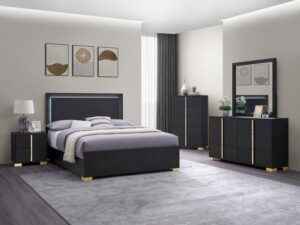 Marceline 5-piece black and gold modern king bedroom set with LED headboard