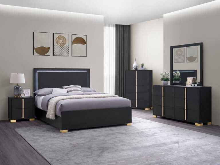 Marceline 5-piece black and gold modern king bedroom set with LED headboard