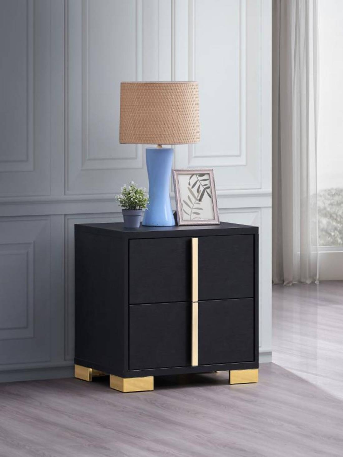 Marceline black and gold 2-drawer nightstand for modern bedroom furniture