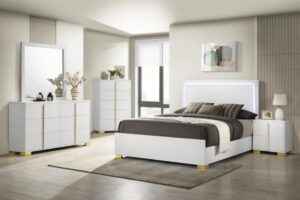 White and gold eastern king bedroom set with LED headboard and modern design