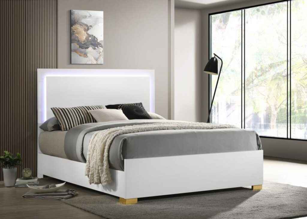 White and gold queen bed with LED headboard – Marceline Queen Bed