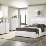 White and gold Eastern queen bedroom set with LED bed, dresser, and chest