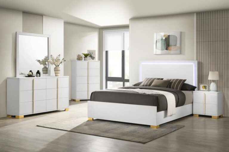 White and gold Eastern queen bedroom set with LED bed, dresser, and chest